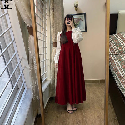 Front And Back Platted Design With White Sleeves Georgette Maxi